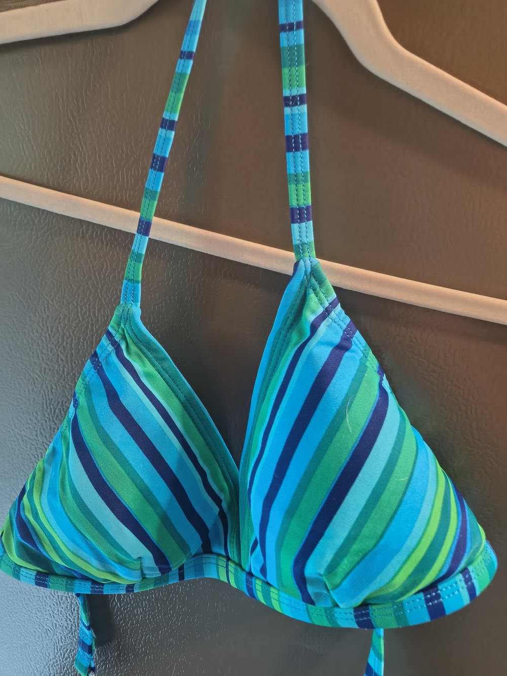 kathy ireland Blue & Green Striped Triangle Bikini Top